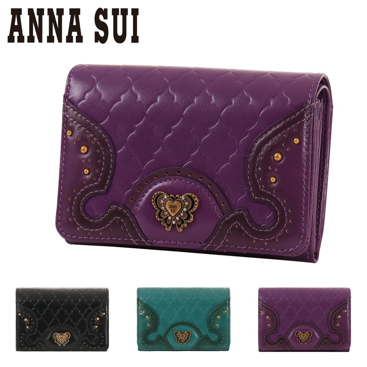 ANNA SUI アナスイ 長財布 二つ折り 本革 猫 がま口 プレイング