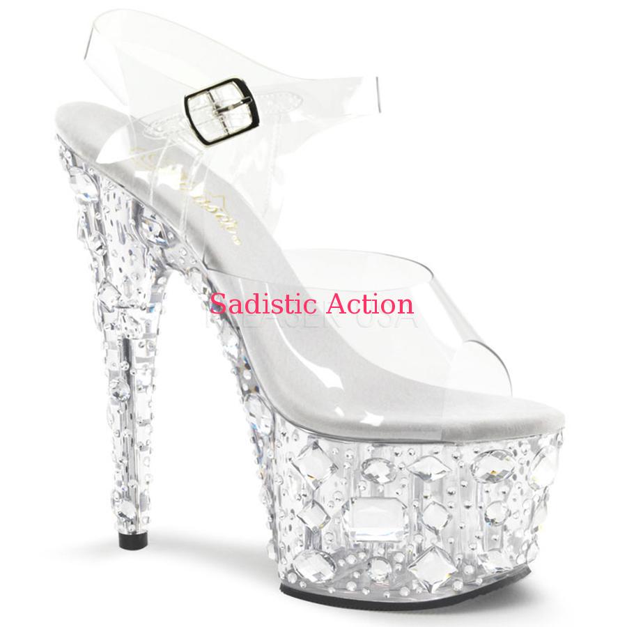 【即納】PLEASER Ankle Strap Sandal Featuring Entire PF Bottom Embellished W/ Multi Size Stones 【Pleaser (ブーツ、サンダル、シューズ）】【PL-SAN-ADORE-708MR-CL】
