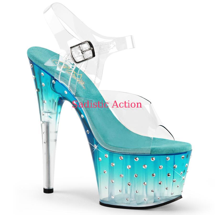 【即納】PLEASER Ankle Strap Sandal Featuring Multi-size Rhinestones Studded on the Outer Side of the Tinted  【Pleaser (ブーツ、サンダル、シューズ）】【御召しもの付属品】【サンダル】【PL-SAN-STARDUST-708T-TQ   】