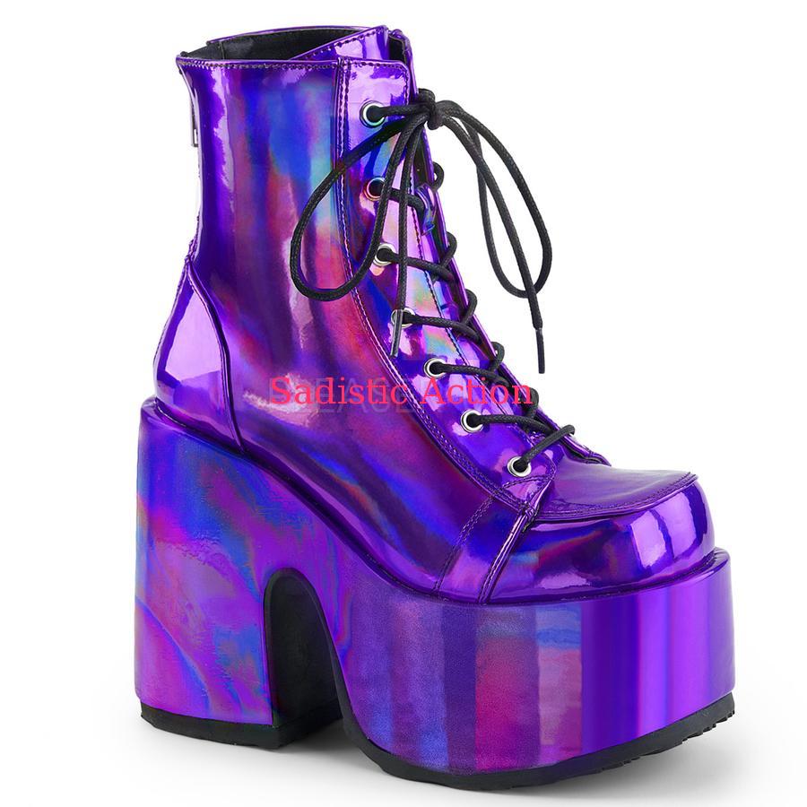 【即納】Demonia Purple Hologram Vegan Leather Chunky Heel 【コスチュームアクセサリー】【コスチュームシューズ】【ブーツ】【DEMONIA(サンダル・フェスティバルシューズ・ブーツ)】【DM-BO-CAM203/PPHG】|Sadistic Action