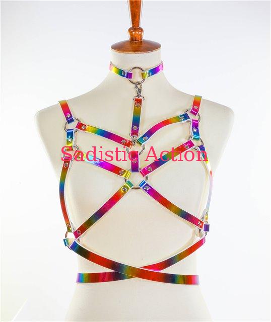 【即納】FUNK PLUS HOLOGRAPHIC DOUBLE STRAP BRA HARNESS WITH CHOKER&BELT 4PC SET. 【フェティッシュ・ボンテージ】【ベルト・ハーネス】【FUNK PLUS(レザーアクセサリー、レザーマスク、ハーネス、ポリスハット等)】【FP-XH201RN-M】|Sadistic Action