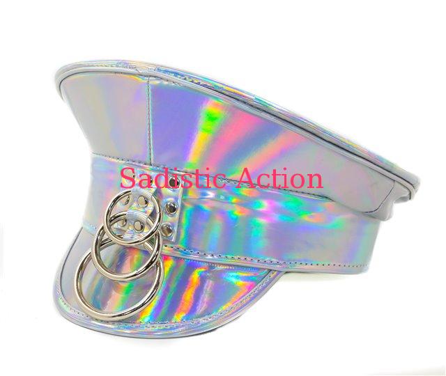 【即納】FUNK PLUS HOLOGRAPHIC VINYL POLICE HAT WITH 3RING 【ハロウィンコスチューム】【コスチュームアクセサリー】【ハット、帽子】【FUNK PLUS(レザーアクセサリー、レザーマスク、ハーネス、ポリスハット等）】【FP-HTR214RN-SV】｜Sadistic Action