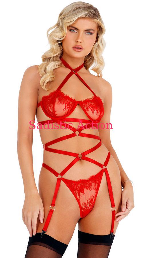 【即納】ROMA Lacey Criss-Cross Underwired Teddy with Garters 【ROMA (ダンスウェア、衣装、コスチューム、小物)】【ボディスーツ・テディ】【クリスマス・ヴァレンタインランジェリー】【RM-LIN-LI421-RED】|Sadistic Action