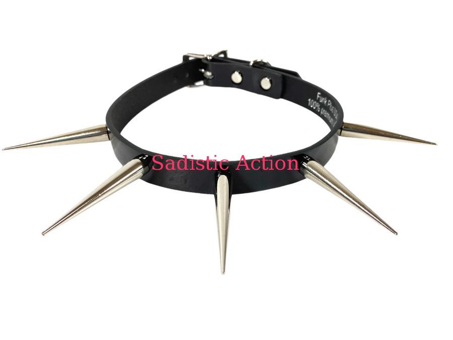 【即納】FUNK PLUS 2 3/4" LONG METAL TALL PIN SPIKE PATENT VEGAN OR LEATHER CHOKER 【FUNK PLUS(レザーアクセサリー、レザーマスク、ハーネス、ポリスハット等）】【チョーカー・ネックレス】【FP-FCK215-BK/SV】｜Sadistic Action