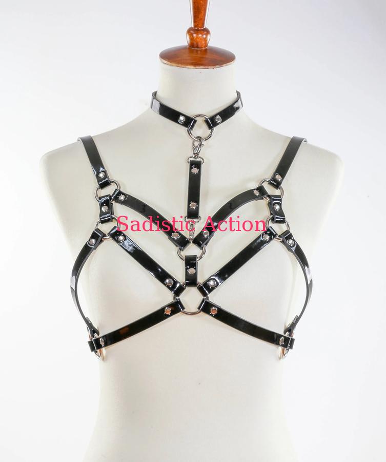 【即納】FUNK PLUS DOUBLE STRAP BRA HARNESS WITH CHOKER ASSORTED PATENT 【フェティッシュ・ボンテージ】【ベルト・ハーネス】【FUNK PLUS(レザーアクセサリー、レザーマスク、ハーネス、ポリスハット等）】【FP-XH202P-BK】