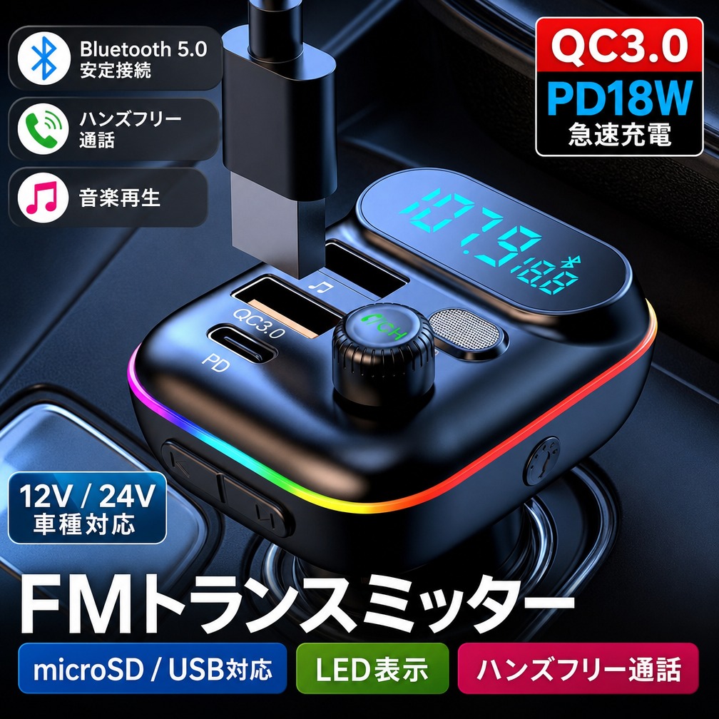 【Bluetooth5.0搭載】FMトランスミッター QC3.0 PD18W 急速充電 ハンズフリー通話 高音質 micrSD USBメモリー 対応 LED付 シガーソケット 車載 充電器 12V 24V ポイント消化 プレゼント ギフト 人気 おすすめ 新生活 母の日 父の日 誕生日｜safariストア店