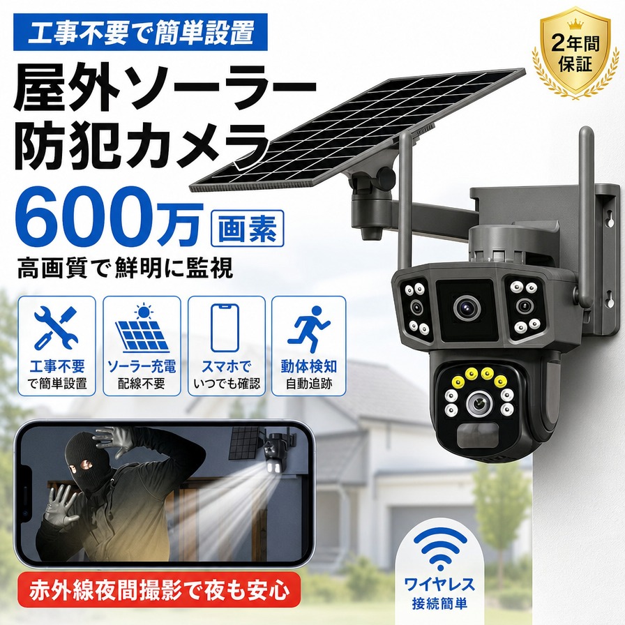 【工事不要で簡単設置】屋外ソーラー防犯カメラ 600万画素 wifi 充電式 ワイヤレス 三画面表示 自動追跡 音声通話 動作検知 赤外線夜視 IP66 防水 スマホ連動 録画 監視 家庭用 駐車場 留守 ポイント消化 プレゼント ギフト 人気 おすすめ 新生活 母の日 父の日 誕生日|safariストア店