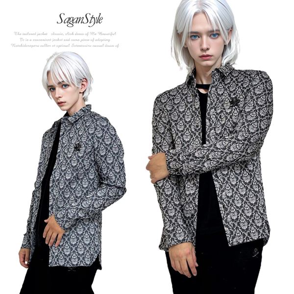 【貨物輸送無料】メンズ 成人男性 トップス 花柄ジャガードストレッチシャツ 総柄 長袖プルオーバー 男 かっこいい 服 AD051102-09 sgra3