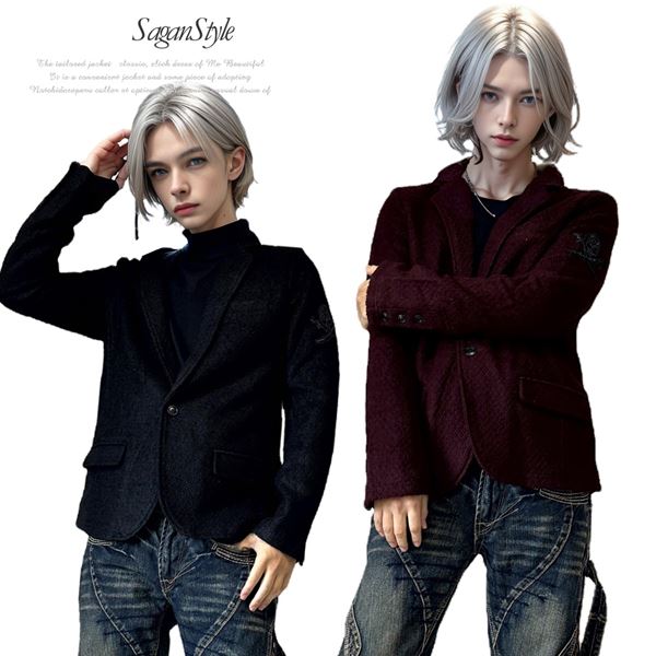 【送料無料】メンズ 男性 服 アウター ツイードテーラードジャケット 1つ釦 ウール混 ラインストーン ワッペン 冬 男 かっこいい 服 AD051129-02 sgra3｜SaganStyle