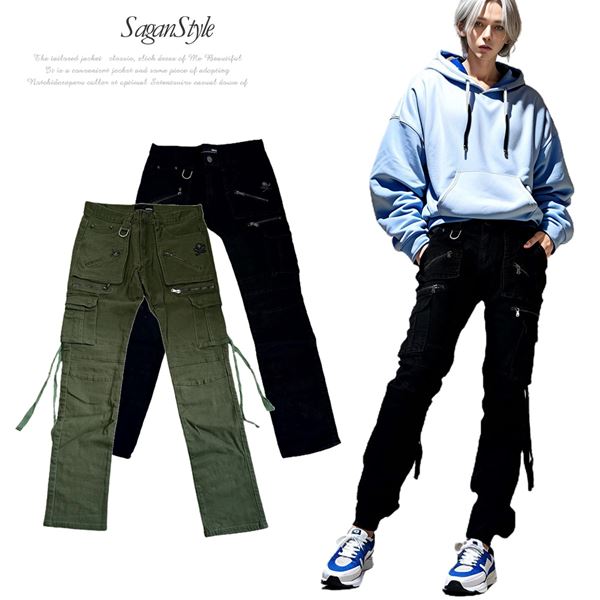 【送料無料】メンズ 男性 服 ボトムス ストレッチツイルマルチポケットカーゴパンツ 美脚 カジュアル ブラック カーキ 男 かっこいい 服 AD051129-07 sgra3｜SaganStyle