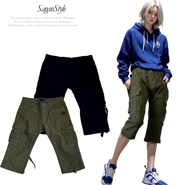 【送料無料】メンズ 男性 服 ボトムス ストレッチツイルデザインクロップドカーゴパンツ 美脚 半端丈 ミリタリー 7分 黒 カーキ 男 かっこいい 服 AD051129-08 sgra3｜SaganStyle