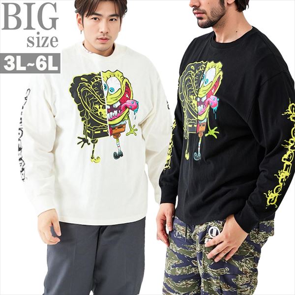 SPONGEBOB スポンジボブ 長袖Tシャツ メンズ 大きいサイズ プリント ロンT キャラクター 綿100% カジュアル おしゃれ 春 秋 白 黒 男 かっこいい 服 C070901-04
