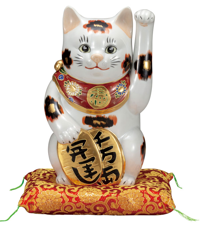 九谷焼 8号 招き猫 金三毛（布団付）左手 k9-1656 | おしゃれ 商売繁盛 縁起物 置物 ねこ まねき猫 ネコ インテリア 陶器 プレゼント ギフト 開店祝い 飲食店