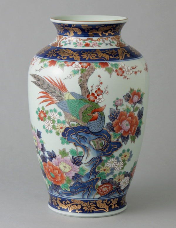 有田焼 10寸肩丸花立て 染錦岩花鳥  Y238-W