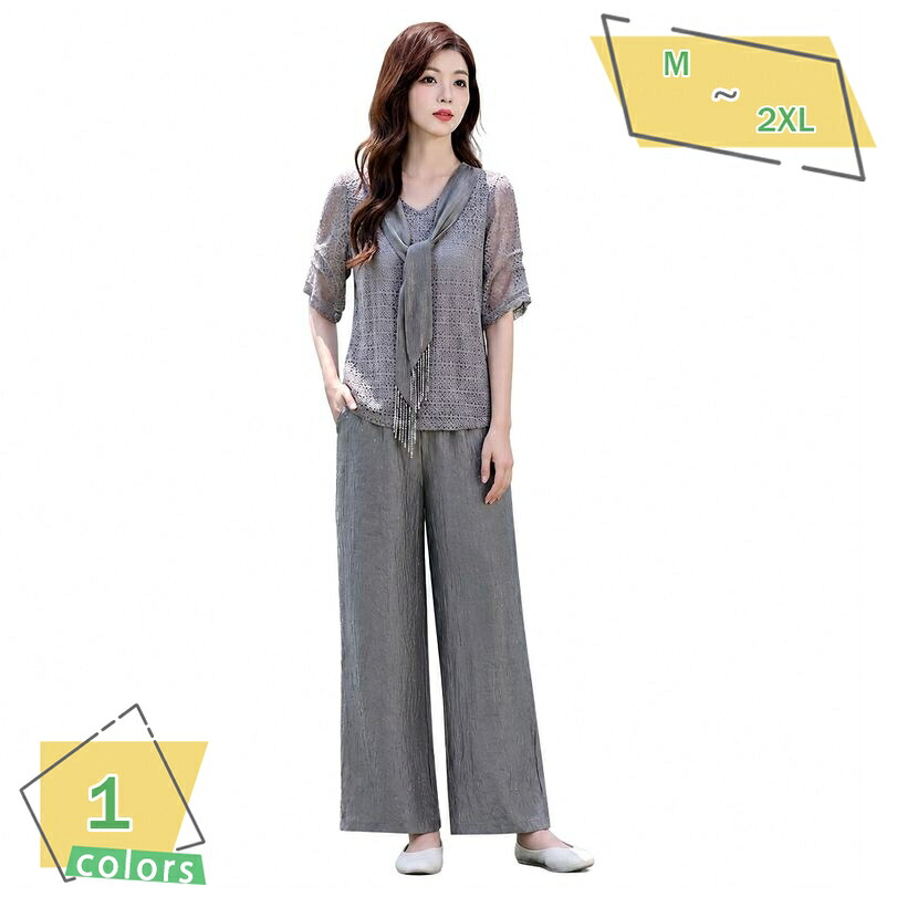 着痩せ セットアップ レディース 上品 総レースブラウス ガウチョパンツ 2点セット きれいめ 夏服 エレガント 普段着 通勤 お呼ばれ 30代 40代 50代 ゆったり RaogtCYU｜サイバーショップ01