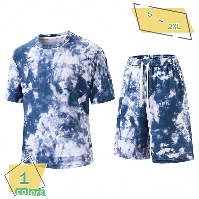 セットアップ メンズ 半袖 Tシャツ ショートパンツ 上下セット ゆったり 体型カバー クルーネック トップス ショート丈 ズボン タイダイ 総柄 カジュアル パジャマ ルームウェア 春夏 RaogtCYU|サイバーショップ01
