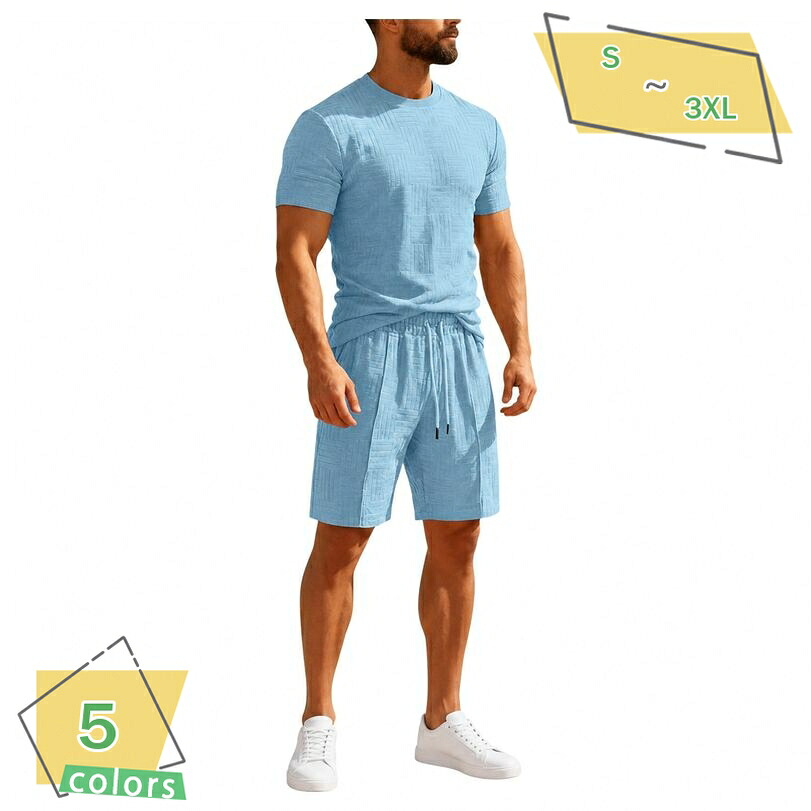 上下セット メンズ 半袖 Tシャツ ハーフパンツ セットアップ ゆったり 着痩せ さらさら ジャガード調 クルーネック カットソー ショートパンツ トレーニング 大きいサイズ RaogtCYU|サイバーショップ01