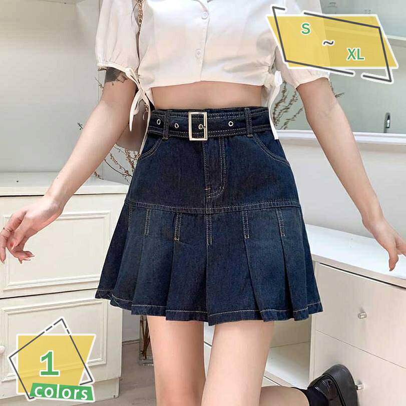 1000円OFFクーポン プリーツスカート レディース ハイウエスト 可愛い デニム ミニスカート ショットスカート 短いスカート ボトムス ミニ丈 フリル インナー付き 美脚 小尻 Aライン カジュアル レトロ 春夏 デニムスカート ベルト付き RaogtCYU｜サイバーショップ01