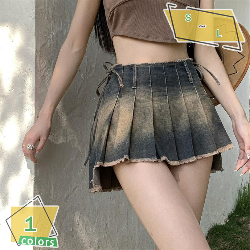 1000円OFFクーポン ミニスカート プリーツスカート レディース ハイウエスト 可愛い デニム ショットスカート 短いスカート ボトムス ミニ丈 フリル インナー付き 美脚 小尻 Aライン カジュアル レトロ 春夏 デニムスカート 裾切りっぱなし RaogtCYU