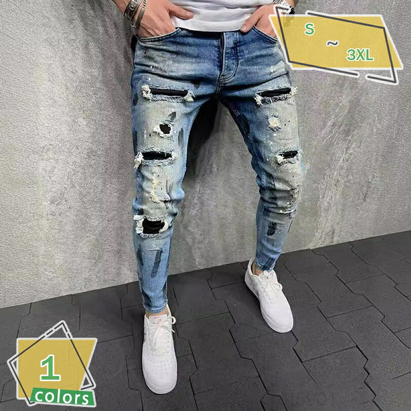 スキニーデニム メンズ スキニー ジーンズ スキニーパンツ デニム ストレッチ クラッシュ ダメージ加工 デニムパンツ RaogtCYU