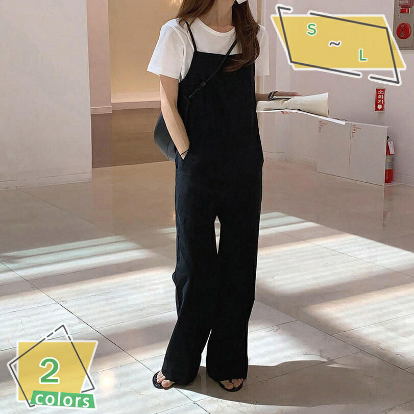 1000円OFFクーポン サロペット レディース ゆったり きれいめ キャミ 夏 春 薄手 リネン 綿麻 綿 コットン 涼しい オールインワン パンツ ワイドパンツ パンツ ガウチョ ワイド ロング丈 無地 ポケット 体型カバー 重ね着 通勤 通学 デート RaogtCYU