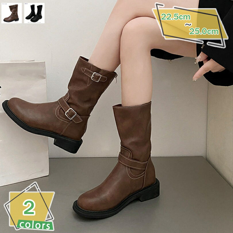 500円OFFクーポン バックル付き エンジニアブーツ レディース チャンキーヒール ミドル丈 春 秋 冬 美脚 ローヒール ブーティ 歩きやすい 疲れにくい シンプル 無地 痛くない 通勤 通学 コスプレ 大きいサイズ RaogtCYU