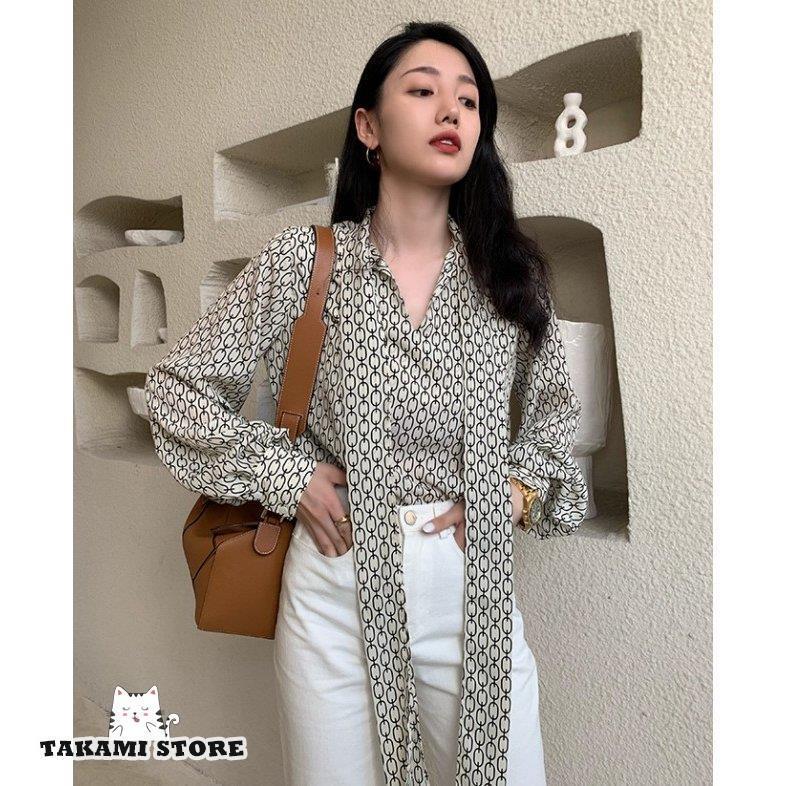 洋弓引き分けトップ トップス プルオーバー トップ レディース 長袖 チェーン店柄 総柄 春 秋 執務室 心地よい 通い服 20代 30代 40代