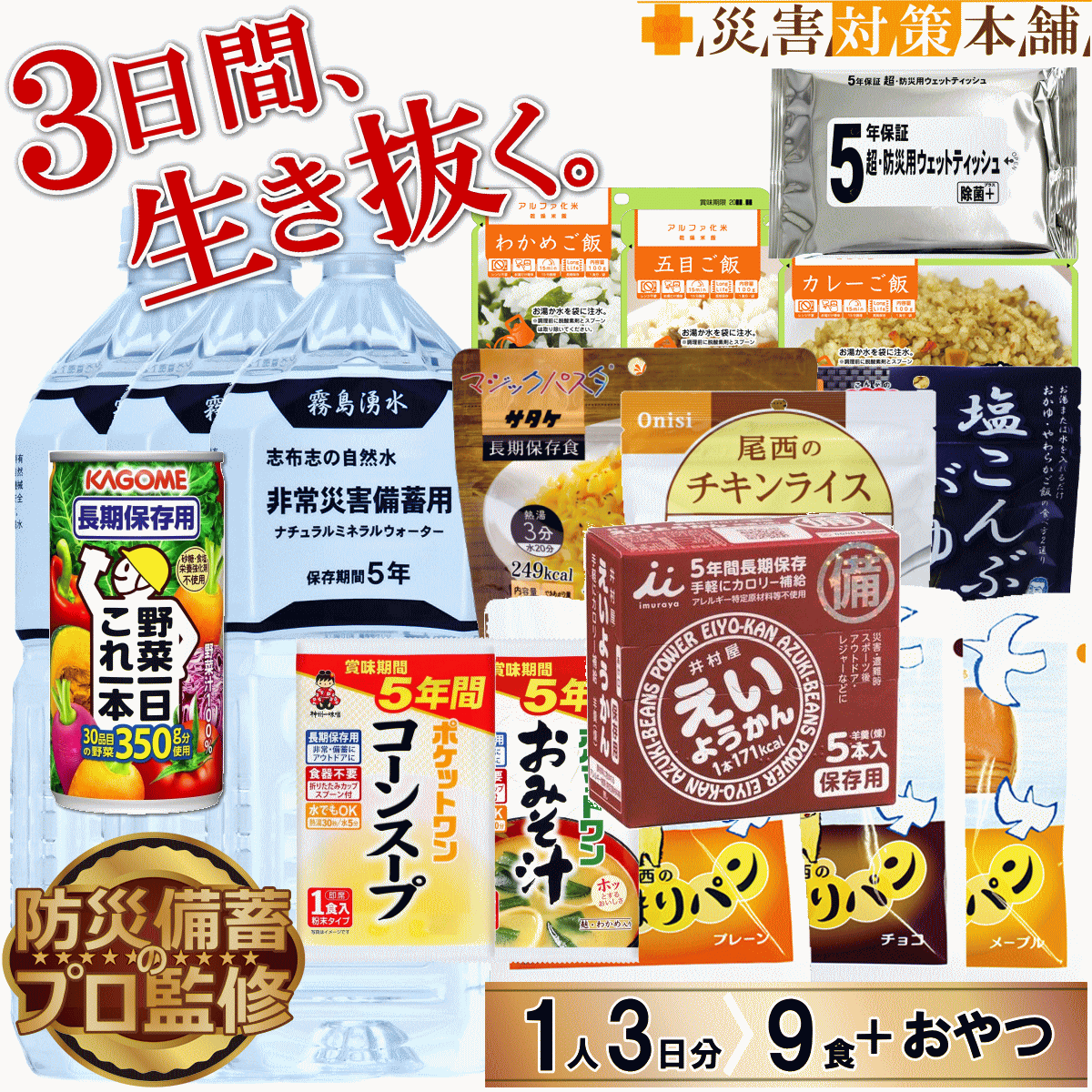 防災士監修 1人用 3日分 非常食 防災食 防災食 保存食セット5年保存 備蓄 アルファ米 パン パスタ 保存水 野菜ジュース みそ汁 スープ 菓子 在宅避難 帰宅困難 家族 法人 企業 自治会 ギフト 贈答 災害対策本舗 バラエティセット10 WFP寄付【リマインダーサービス対象】|防災備蓄の倉庫番!災害対策本舗