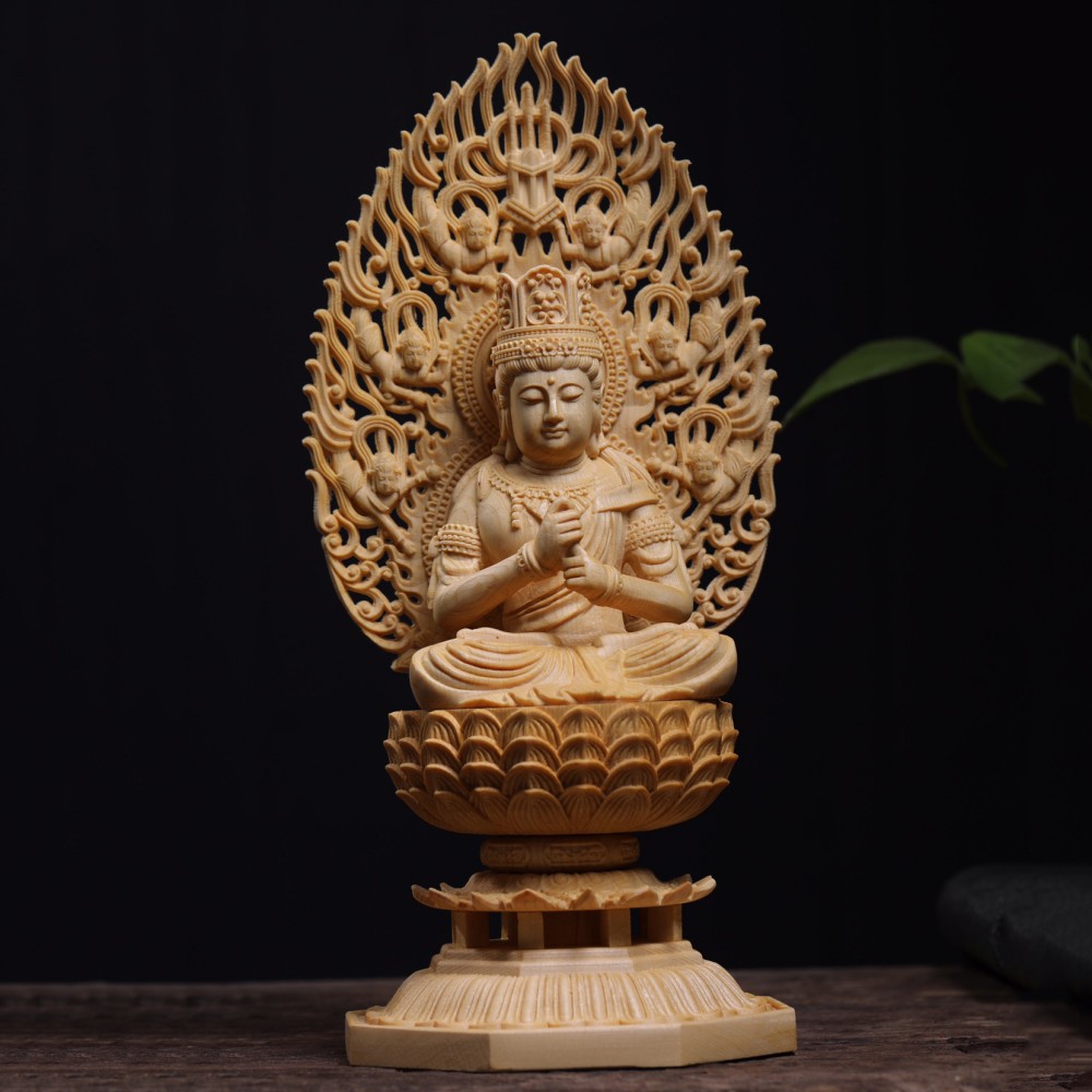 【10%OFFクーポン配布中】送料無料 仏像 阿弥陀如来 仏像 大日如来像 蓮華座 桧木 3.5寸 木彫 細工木彫 風水 開運 工芸品置物 家庭応接間置飾 (28.5*12*12cm)