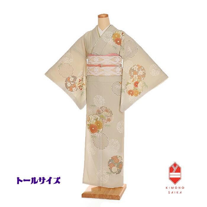 【レンタル】【トールサイズ】訪問着 グレージュ ベージュ 雪輪菊 ジャパンスタイル Lサイズ 高身長 背が高い ロング丈 裄も長め お宮参り 七五三 入学式 卒業式 結婚式 披露宴 列席 母親 付下げ フルセット 20代 30代 40代 50代 最新コーデ くすみ フォーマル 礼装 モダン