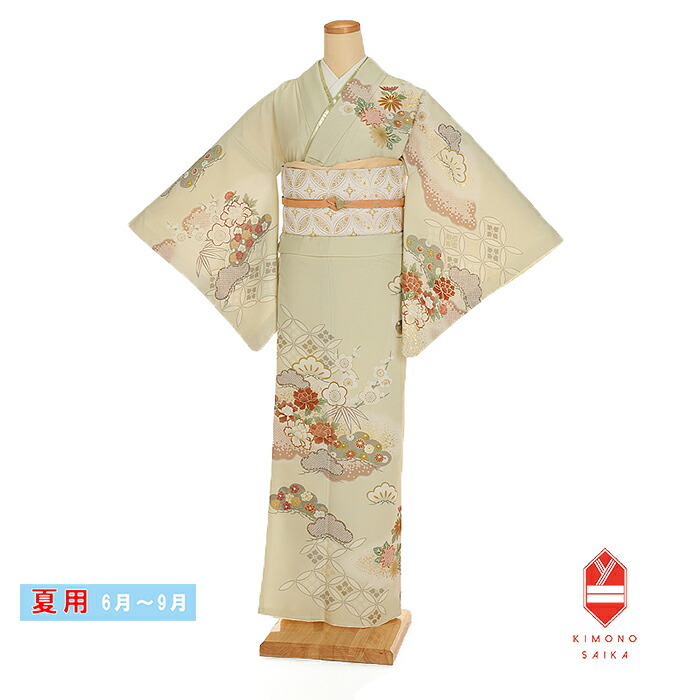 【夏用】【レンタル】訪問着 単衣 【夏用訪問着】 クリーム 牡丹に菊 ジャパンスタイル お宮参り 七五三 結婚式 披露宴 列席 母親 6月～9月 付下げ フルセット 20代 30代 40代 50代 最新コーディネイト フォーマル 礼装 正統派 おしゃれ 夏用着物