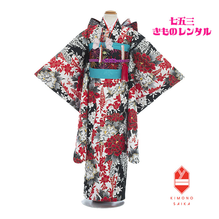 【レンタル】七五三 7歳 女の子 女 着物 着物レンタル 花わらべ 白 黒 牡丹 藤 B8AP7025【七五三レンタル】フルセット きもの モダン 送料無料 足袋プレゼント 七歳 髪飾り 115cm 120cm 125cm 着付け 結帯 草履 バック お値打ち品 子供着物 個性的｜ネットレンタル きもの彩華