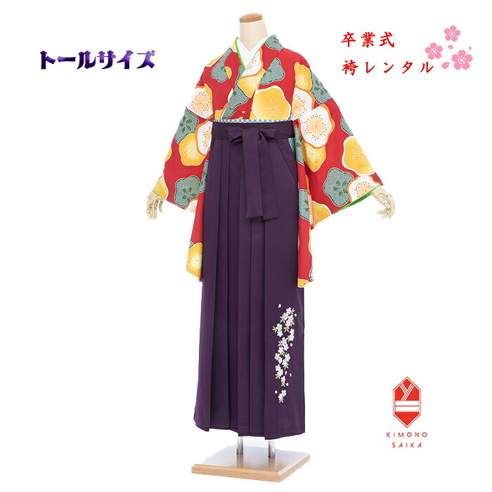 【レンタル】袴 卒業式 トールサイズ 女 女性 大きい袴 高身長 袴セット フルセット 170cm前後 赤 椿 紫 袴 大学生 はかま 着物 卒業式袴レンタル 168cm～173cm 170 170cm 送料無料 B8AG332Y hakama はかまレンタル 髪飾り 巾着