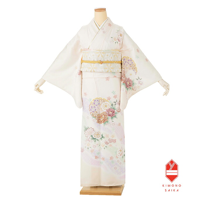 【レンタル】訪問着 6071 クリーム 雪輪に牡丹・菊・桜 お宮参り 七五三 入学式 卒業式 結婚式 披露宴 列席 母親 送料無料 付下げ フルセット きもの 20代 30代 40代 50代 最新コーディネイト くすみカラー フォーマル 礼装 正統派 お洒落 上品 豪華