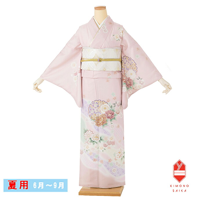 【夏用】【レンタル】訪問着 単衣 【夏用訪問着】ピンク 雪輪に牡丹・菊・桜 お宮参り 七五三 結婚式 披露宴 列席 母親 6月～9月 付下げ フルセット 20代 30代 40代 50代 最新コーディネイト フォーマル 礼装 正統派 おしゃれ 夏用着物