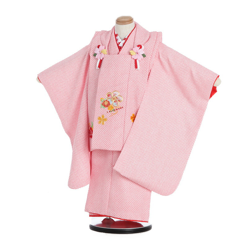 着物 和服 古典 レトロ 被布 ピンク 絞り柄 鹿の子 刺繍 ねじり梅 桜 きものレンタル フルセット B8ap3074 七五三レンタル 着物 レンタル 3歳女の子 七五三 レンタル 753 かわいい モダン ７５３ 髪飾り ３歳 新品足袋プレゼント 往復送料無料 おしゃれ 本店は