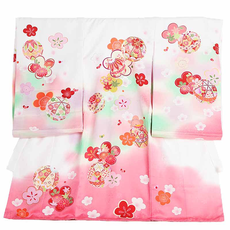 【レンタル】産着 お宮参り　女の子 正絹 2012 白/ピンク 毬と梅 高級品 赤ちゃん 着物 産着レンタル 女児産着 初着 祝い着 送料無料