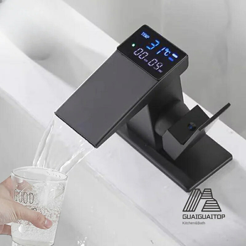LEDカスケード蛇口,温水と冷水,バスルームデッキミキサー,デジタルディスプレイ,シンクミキサー,洗面台|Sailing店