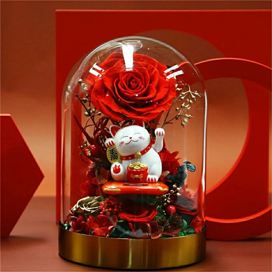 プリザーブドフラワー バラ ガラス お祝い 赤　猫 お花 贈り物 恋人 母 妻 新築祝い 結婚祝い 15,130円