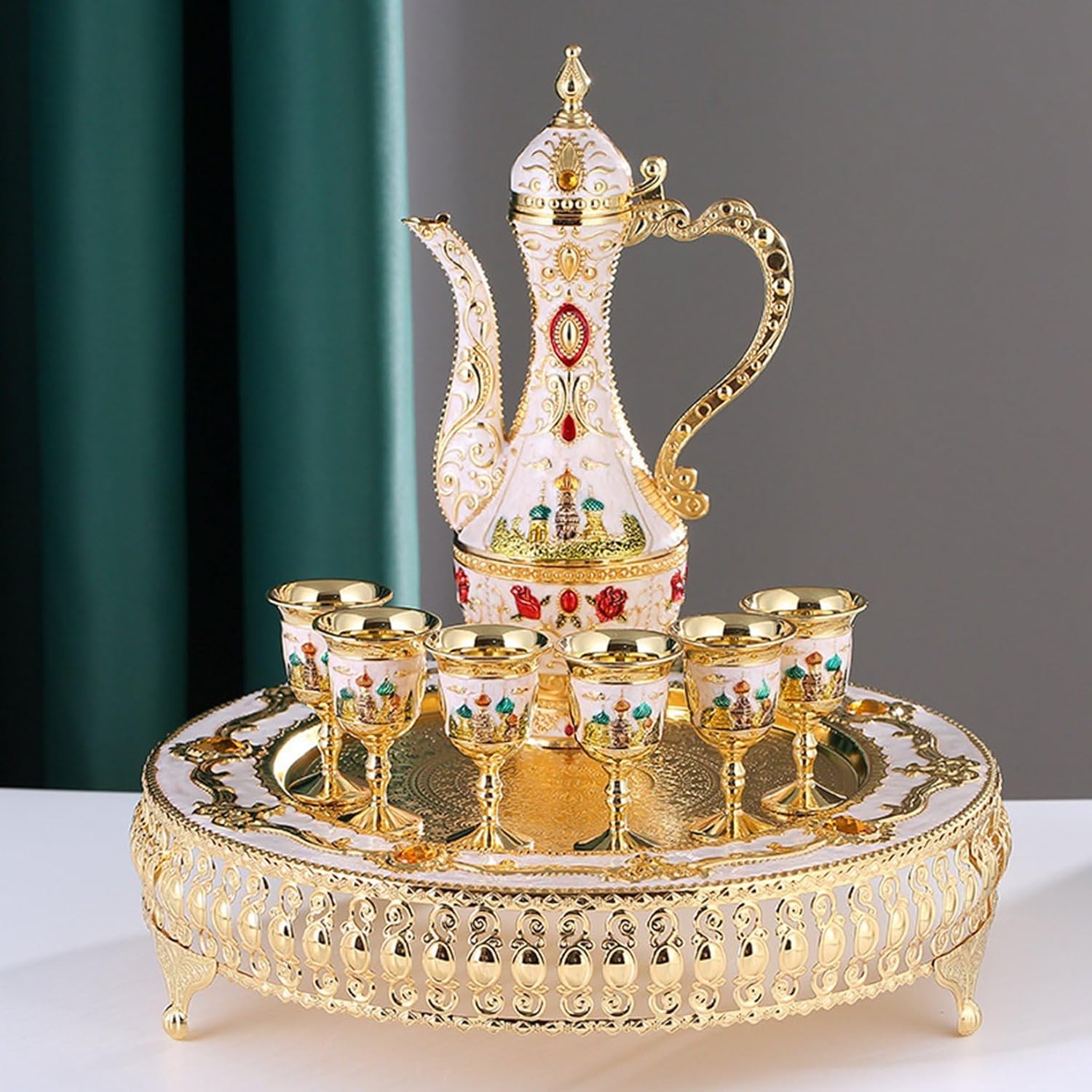 酒器セット 合金製 徳利 お猪口セット とっくり ぐい呑み おちょこ セット 酒水差し 酒盃 酒器揃 台座付き 持ち手付き 北欧風 宮廷風 素敵 シンプル 8点セット ギフト プレゼント 家庭用 来客