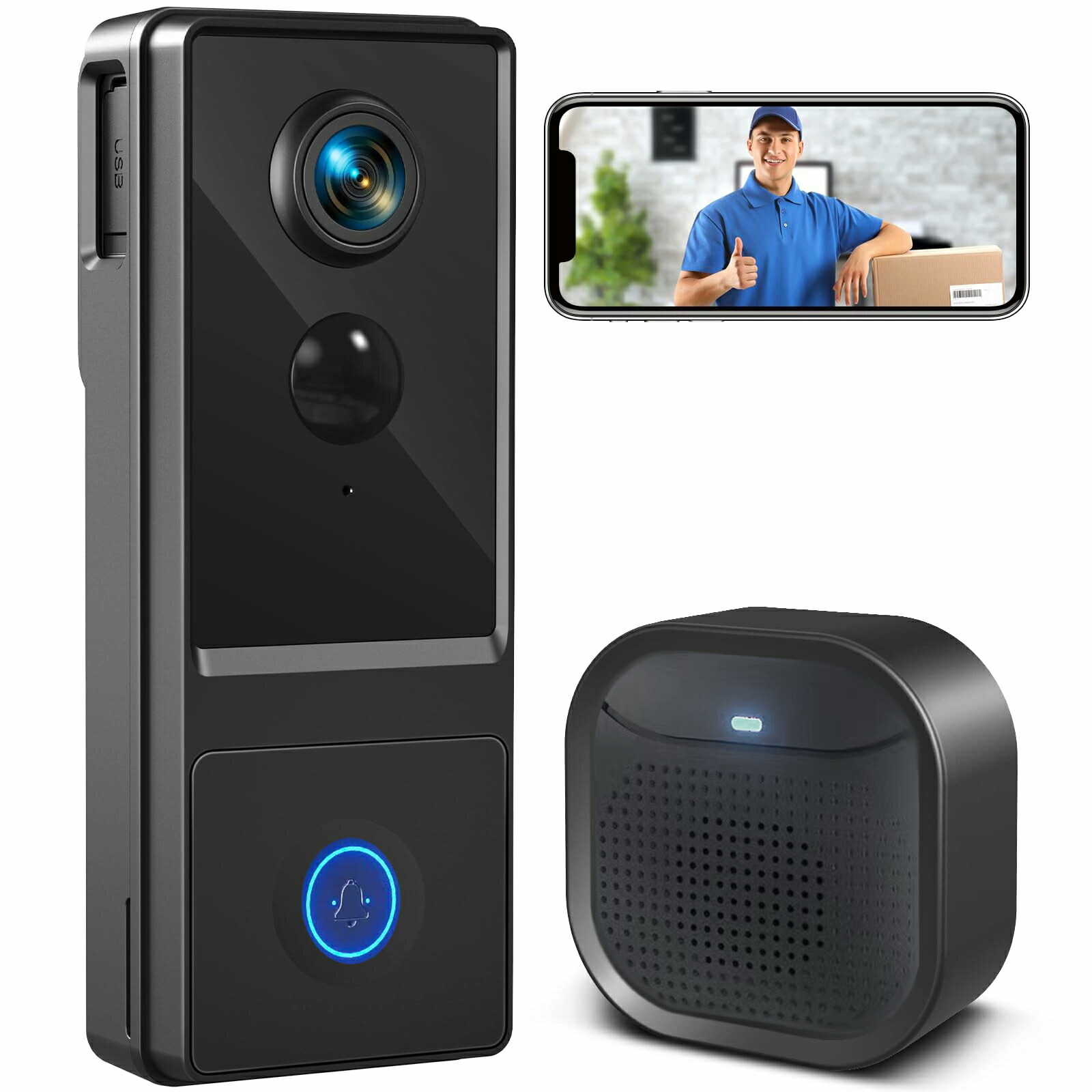 インターホン ワイヤレス 工事不要 スマホ連動 リアルタイム監視 カメラ付き ビデオドアホン 2.4GWIFI対応 ビデオドアベル 充電式 Type-Cポート 室内チャイム付き 防犯カメラ 166&deg;広角 遠隔監視 IP66防水防塵 iOS/Android対応｜Sailing店