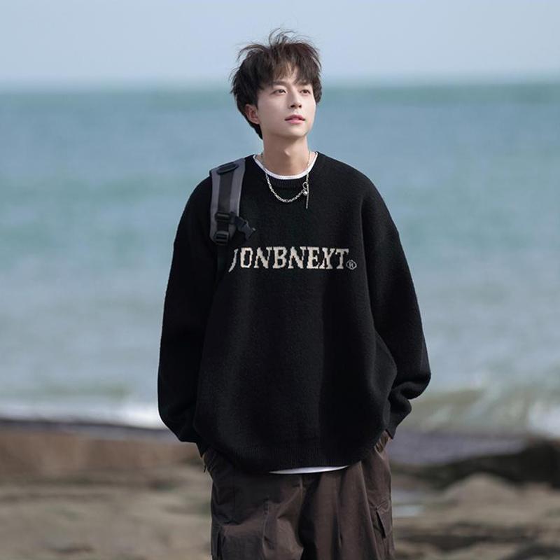 秋冬 コーデ メンズ  服 分かりやすい 流行り物 オシャレ 成年者 かっこいい 馬鹿でかい大きさ 表どおり 成人男性服 黒 スウェーター レトロ ラウンド素っ首 座標軸輪っか 韓国表現スタイル 心地好い トップス