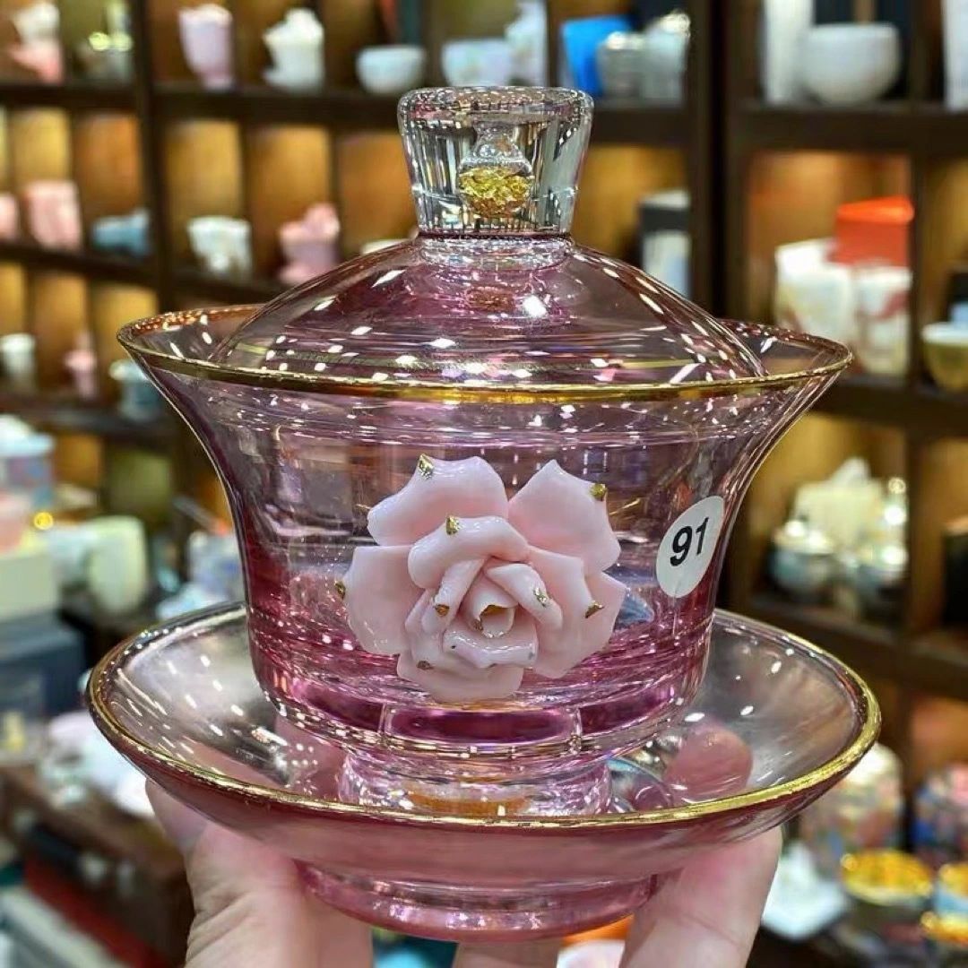 御前上等 蓋碗 茶杯仕掛ける 金箔入れ 花柄今めかしい 耐熱硝子製の中国茶器 1客