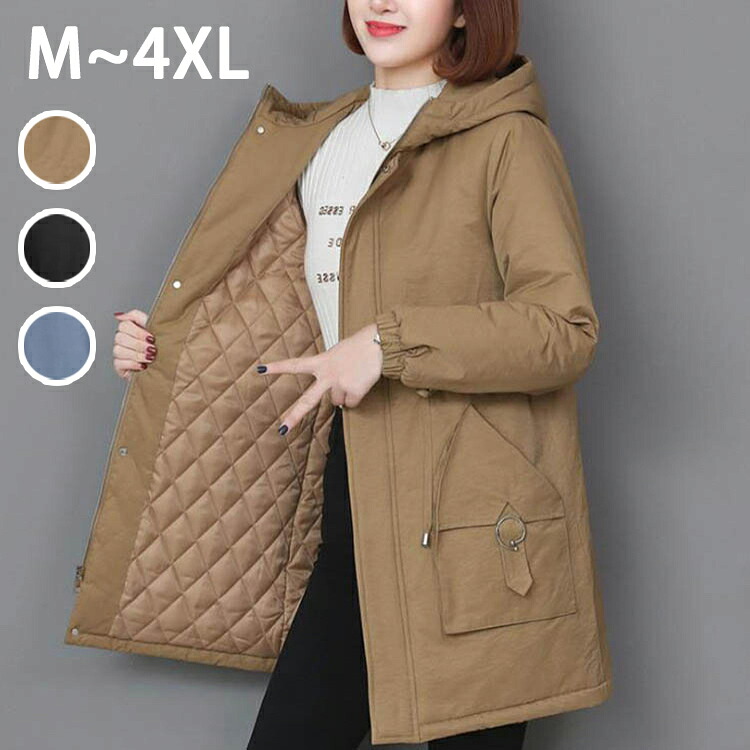 中綿コート レディース ロングコート ジャケット アウター コットン 綿入れ 冬服 防寒着 暖かい 厚手 フード付き カジュアル オシャレ 厚手 きれいめ 大きいサイズ ファー 長袖 通勤 ブラック ブルー キャメル M L XL 2XL 3XL 4XL