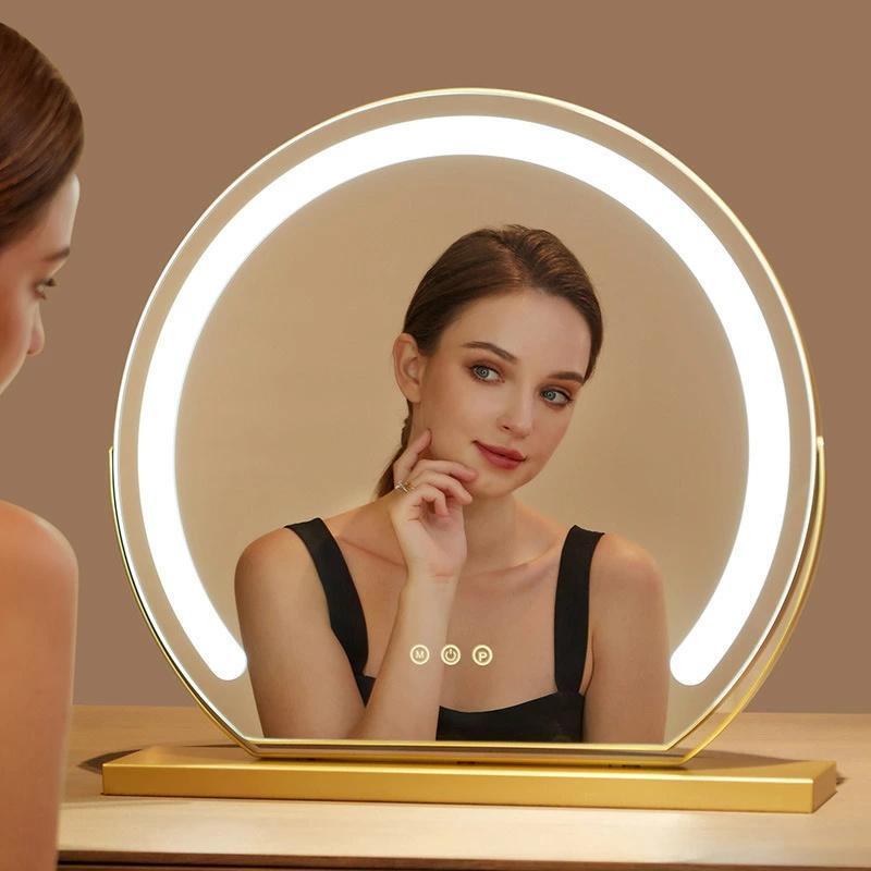 女優ミラー 卓上ミラー ライト付き 大きい 丸型 三色調光 鏡 led ライト付きミラー 化粧鏡 おしゃれ led ライト付き メイク アップ ミラ