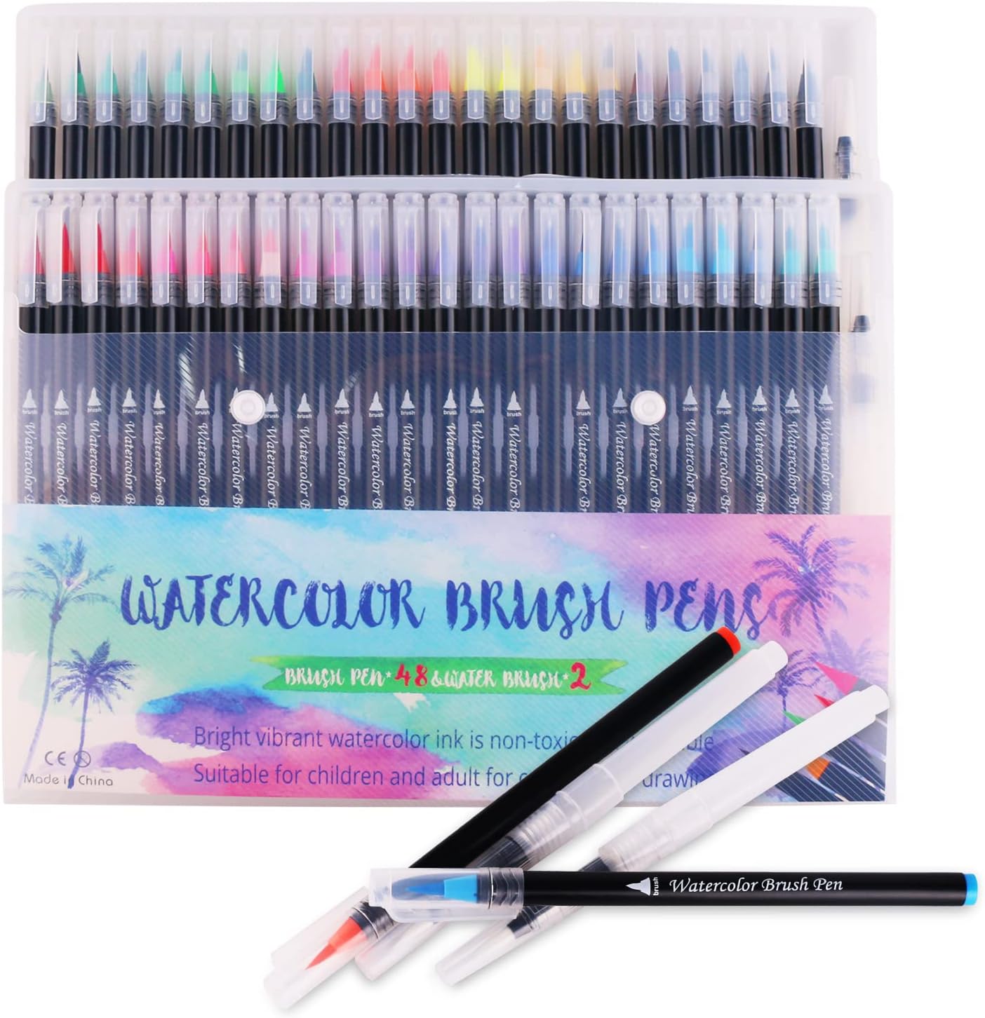 水性ペン 48色セット カラーペン 水彩毛筆48色+水ペン2本 お絵かきセット 塗り絵 美術 手帳 漫画 プレゼント 収納ケース付き
