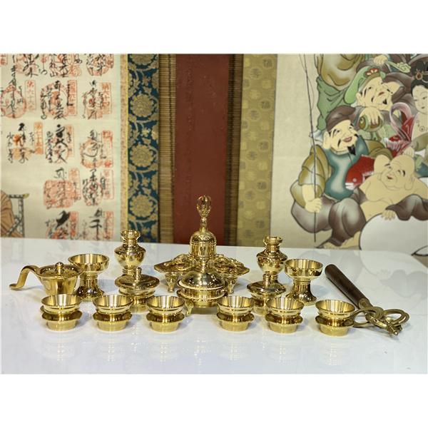 密教 法具 前具◆金剛石鈴/金剛石盤 五鈷杵三鈷杵独鈷杵火舎香炉一面器六器一組仏器一対華瓶一対洒水器 全20種