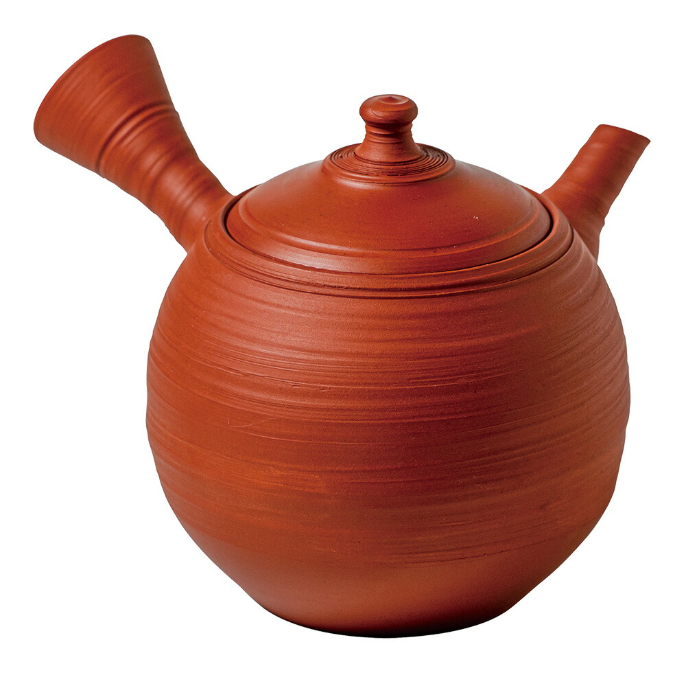 風月作　朱泥丸形筋引急須（本茶こし）【常滑焼】 [陶器 作家急須 急須 ティーポット お茶]