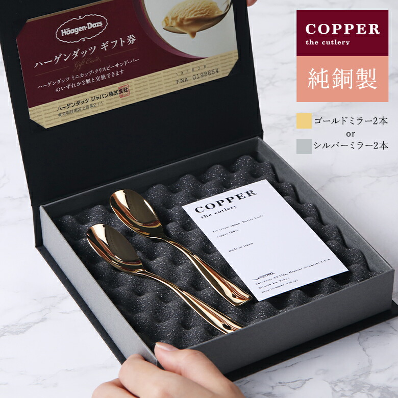 【名入れ無料】 COPPER the cutlery アイススプーン ペア と ハーゲンダッツ ギフト券セット アイススプーン カパーザカトラリー シルバー2本セット/ゴールドミラー2本セット 銅製アイススプーン アイスクリームスプーン 銅婚式 Custom Engraved icecreemspoon