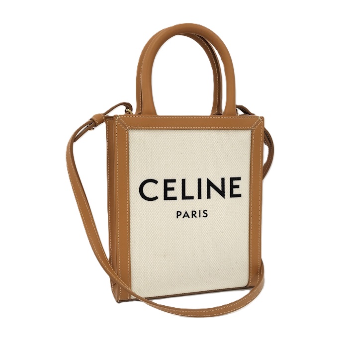 CELINE バーティカルカバ ミニ 2WAYショルダーバッグ キャンバス レザー ベージュ ホワイト系 193302【中古】